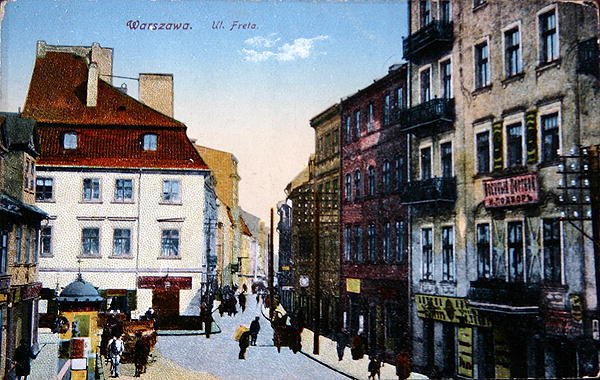 Vykort som visar en gatubild i Warszawas gamla stadskärna, ca 1910 (lito i färg) av School Polish