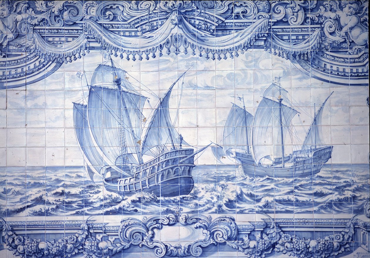 Karaveller på 1400- och 1600-talet, azulejos, runt Lissabon, Portugal. av School Portuguese