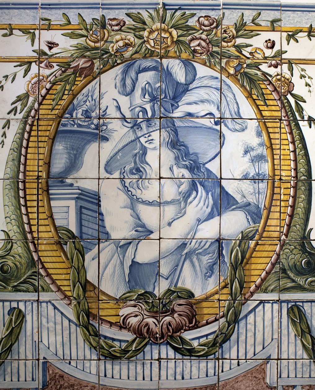 Prydnadspanel med ett porträtt av en kvinna, Royal factory of Louca, en Ratio, fajans polykrom av School Portuguese