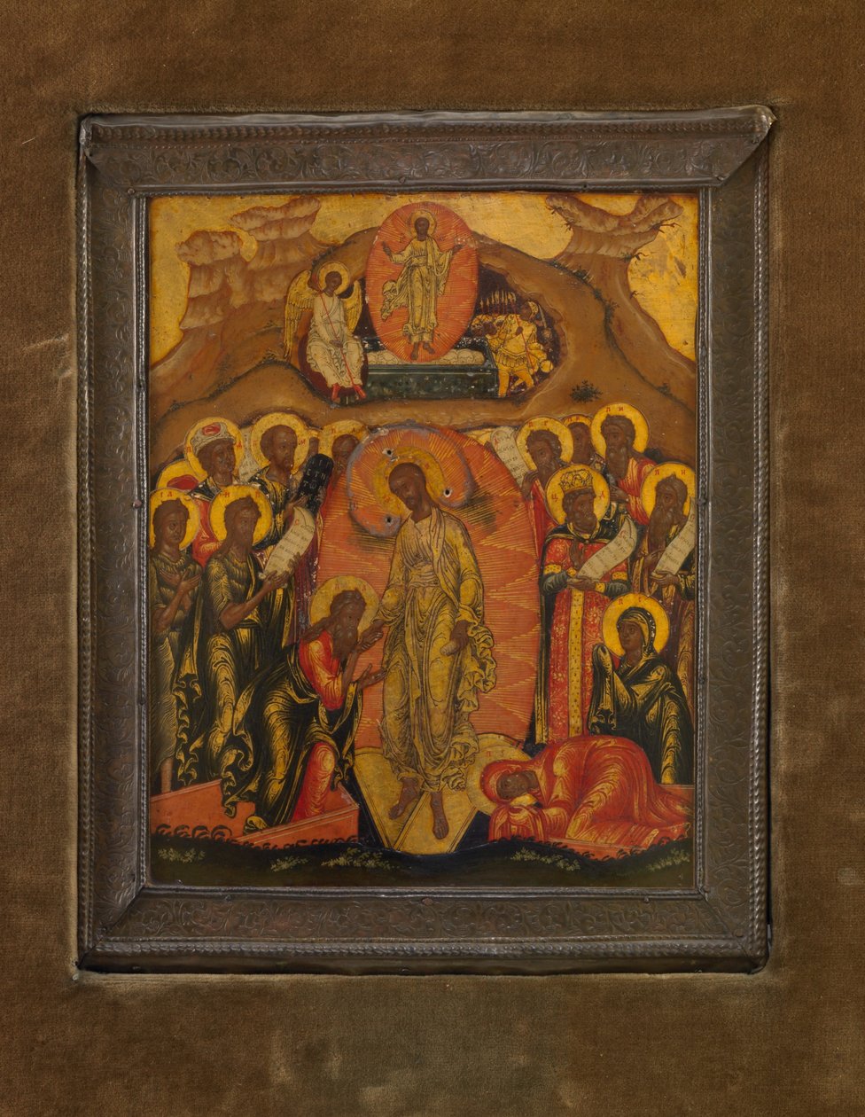 Anastasis (Helvetets skakning), ca 1650-70 (bladguld  tempera på trä) av School Russian