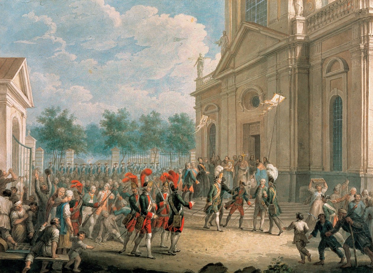 Katarina II (1729-1796) på trappan till katedralen i Kazan (Sankt Petersburg), välkomnad av prästerskapet på dagen för hennes trontillträde, 28 juni 1762. (Catherine II på trappan till katedralen i Kazan, hälsad av Prästerskapet på Dagen o av School Russian