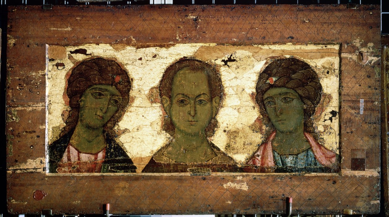 Kristus Emmanuel omgiven av ärkeänglarna Mikael och Gabriel (Kristus Emmanuel med ärkeänglarna Mikael och Gabriel). Rysk ikon, tempera på trä, sent 1100-tal. Konst av Vladimir (Ryssland). State Tretyakov Gallery, Moskva (Ryssland). av School Russian
