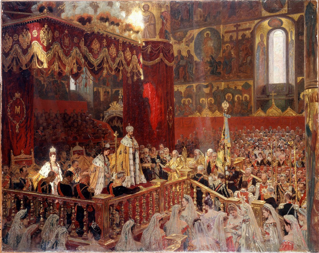 Kröning av Nicholas II 1896 i Ousensky-katedralen i Moskva - Anonym rysk målning av School Russian