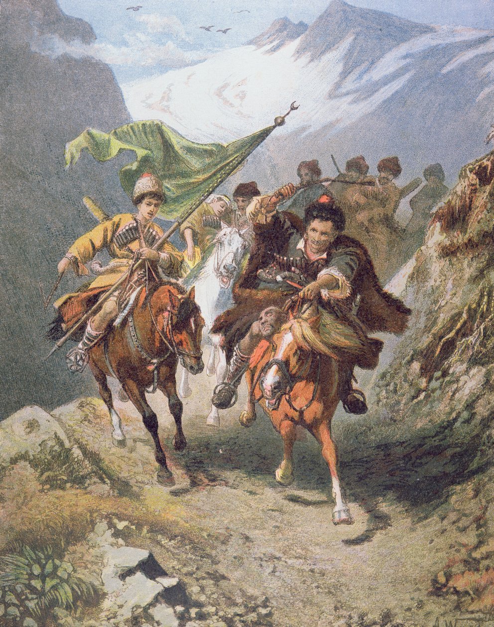 Kosacker från Kaukasus återvänder från en räd mot en bosättning av muslimska kosacker med en fången halvmånebanner (färg litho) av School Russian