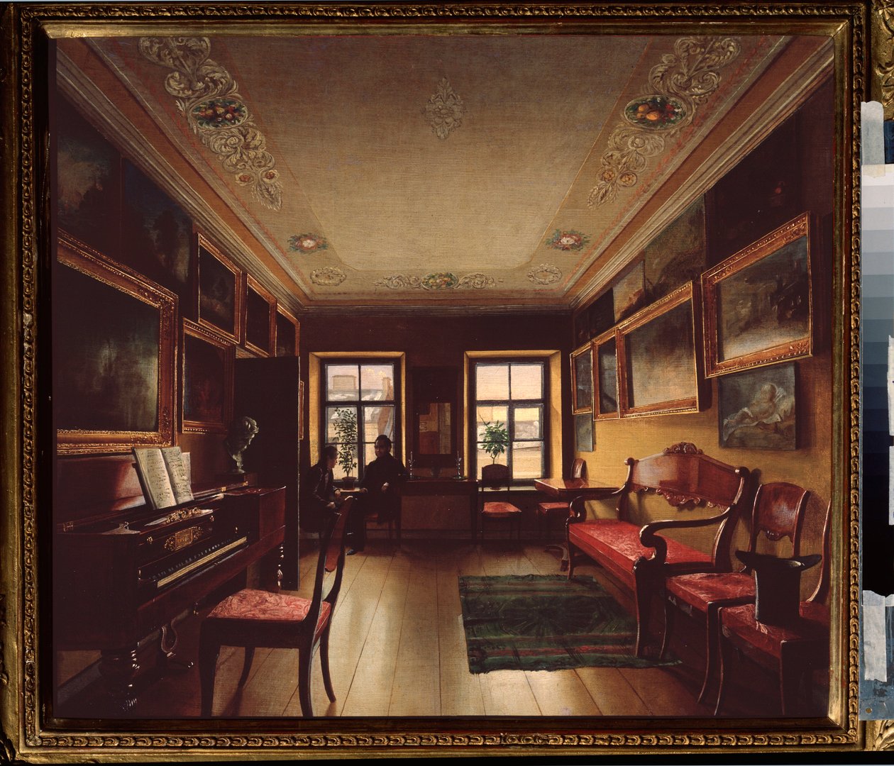 I rummet. (Två män i samtal framför fönstret i ett rum med ett piano, dekorerat med målningar). Målning av en rysk mästare, olja på duk, ca 1830. Rysk konst av School Russian