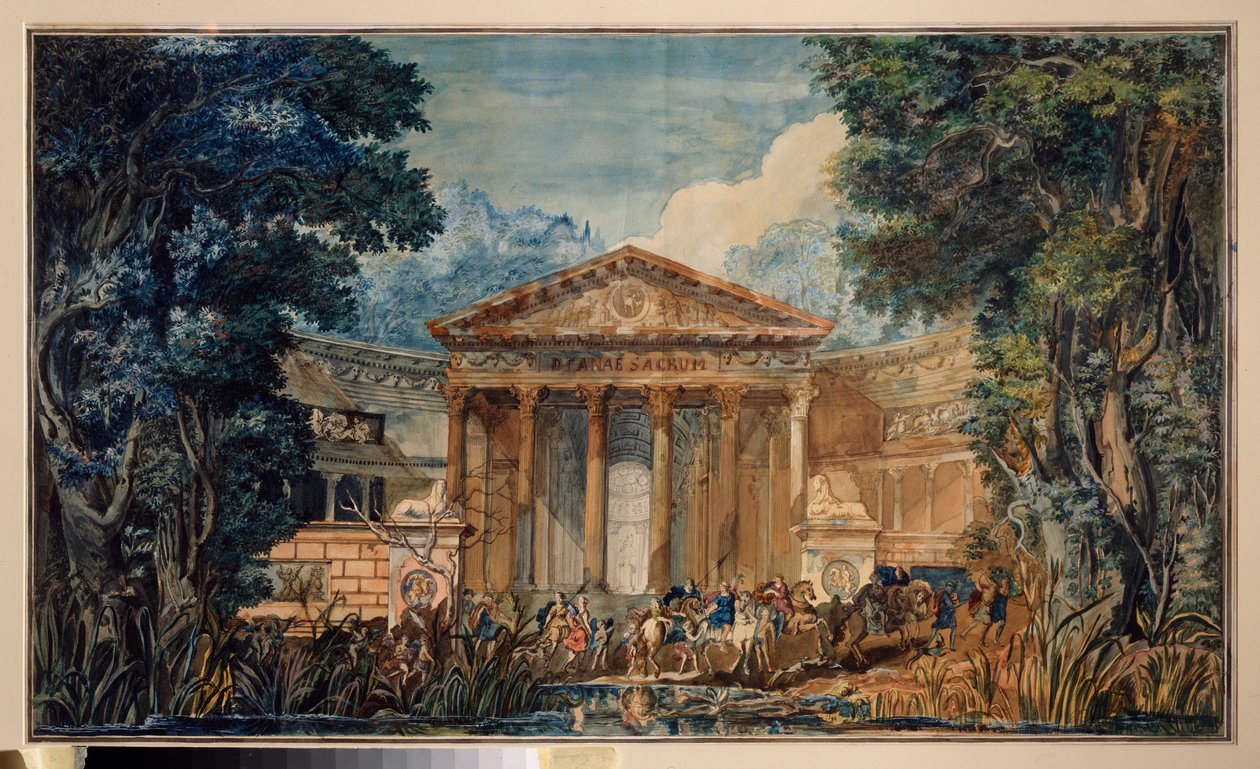 Förberedande dekor för operan ""Fedra"" (Phedre) av Giovanni Paisiello (Paesieillo eller Paesieixo) (1740-1816). Verk av en rysk mästare, akvarell och gouache på papper, omkring 1800. Rysk scenografisk konst av School Russian