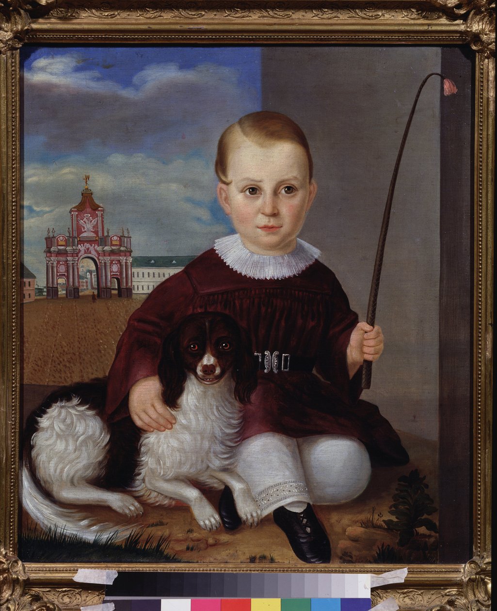 Pojke med en hund framför den röda dörren (Moskva). Målning av en rysk mästare, olja på duk 1840. Rysk konst från 1800-talet. State V. Tropinin Museum, Moskva. av School Russian