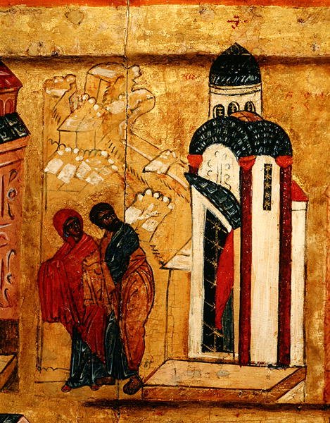 Ikon som visar Joachim och Annas gåvor som avvisas på grund av deras barnlöshet, ca 1550 (tempera & bladguld på panel) (detalj 314500) av School Russian
