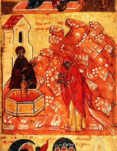 Ikon som visar en scen under flygningen till Egypten, ca 1550 (tempera & bladguld på panelen) (detalj av 314500) av School Russian