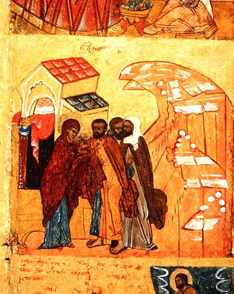 Ikon som visar en scen från Jungfruns liv, ca 1550 (tempera & bladguld på panel) (detalj 314500) av School Russian