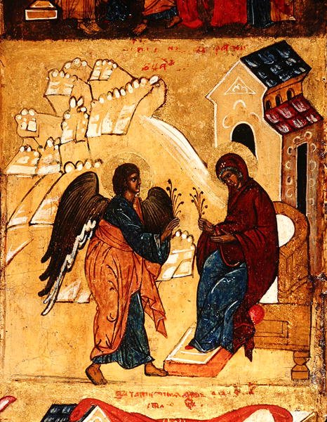 Ikon som föreställer budkavlen, ca 1550 (tempera och bladguld på panel) (detalj av 314500) av School Russian