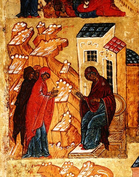 Ikon som visar Jungfrun som väljer de mest hedrade färgerna av tyg, ca 1550 (tempera & bladguld på panel) (detalj 314 500) av School Russian