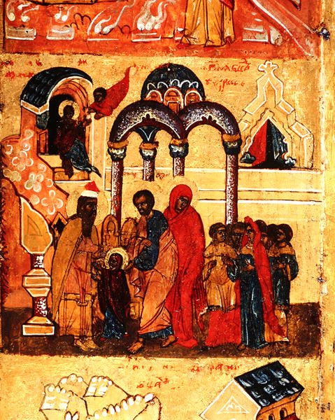 Ikon som visar Jungfruns barndom och hennes hängivenhet till Gud, ca 1550 (tempera & bladguld på panel) (detalj av 314500) av School Russian