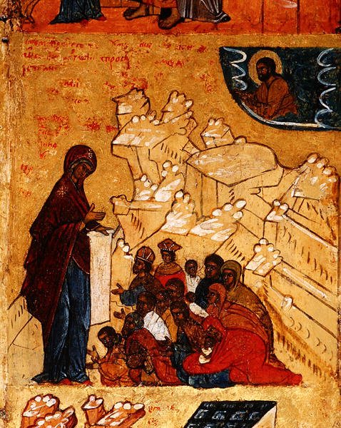Ikon som visar Jungfruns mirakulösa uppenbarelse för prins Andrei Bogolyubsky 1155, ca 1550 (tempera & bladguld på panel) (detalj 314500) av School Russian