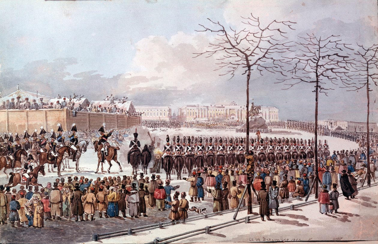 1825 Revolt of the Decembrists (Decabrists) i framtiden för Nicholas I för att få en ny konstitution. Gravyr från 1830. St Petersburg. Eremitagebiblioteket av School Russian