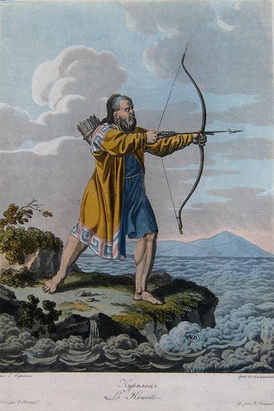Invånare på Kurilöarna, ca 1800 (färgad gravyr) av School Russian