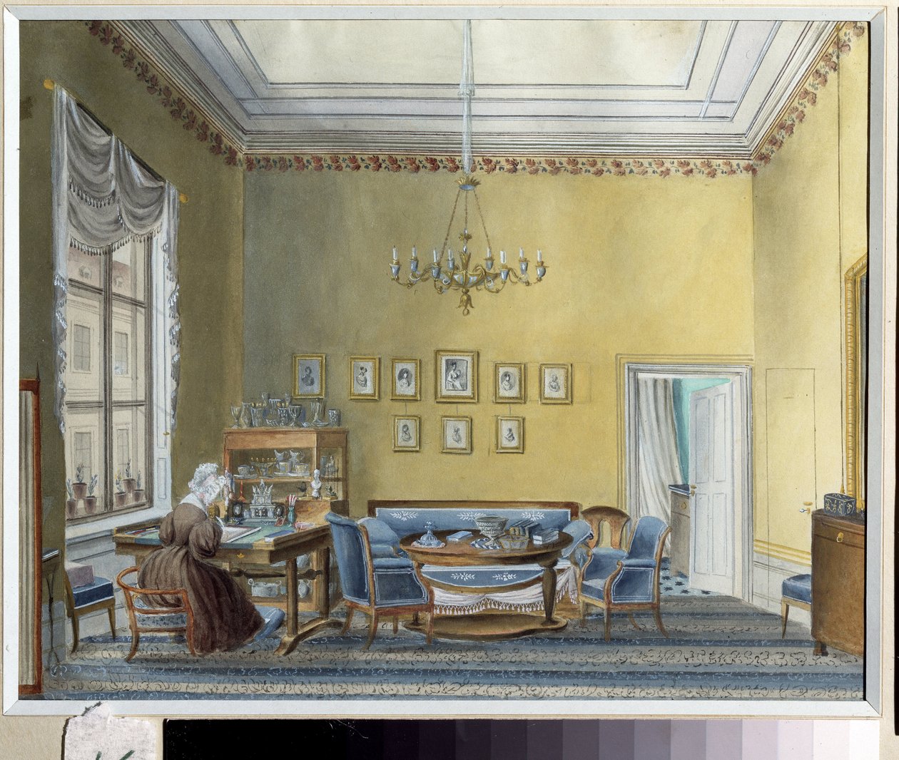 Interiör av E. Boratynskys (Evgueni Baratynski) hus (1800-1844) i Moskva (Interiör i E. Boratynskys hus i Moskva). Målning av en rysk mästare från 1800-talet. Akvarell på papper, ca 1830. Rysk konst, klassicism. Statens museum för E. Boratynsk av School Russian