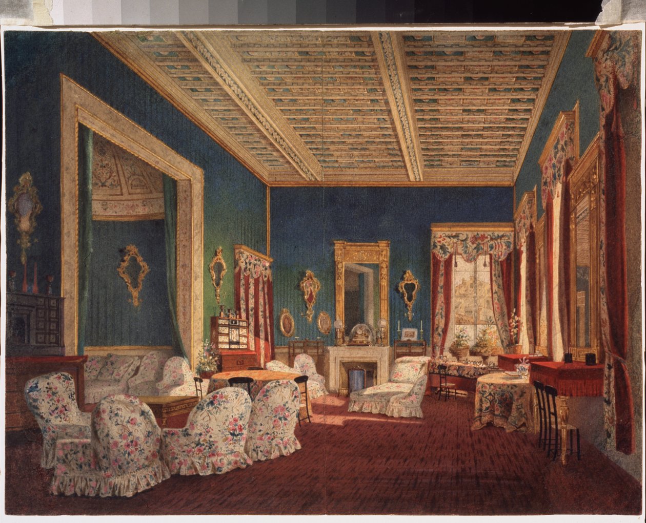 Interiör av Denezhnykove herrgård. Målning av en rysk mästare, olja på duk, mitten av 1800-talet. rysk konst. Museum of History and Art, Ramenskoye (Ryssland). av School Russian