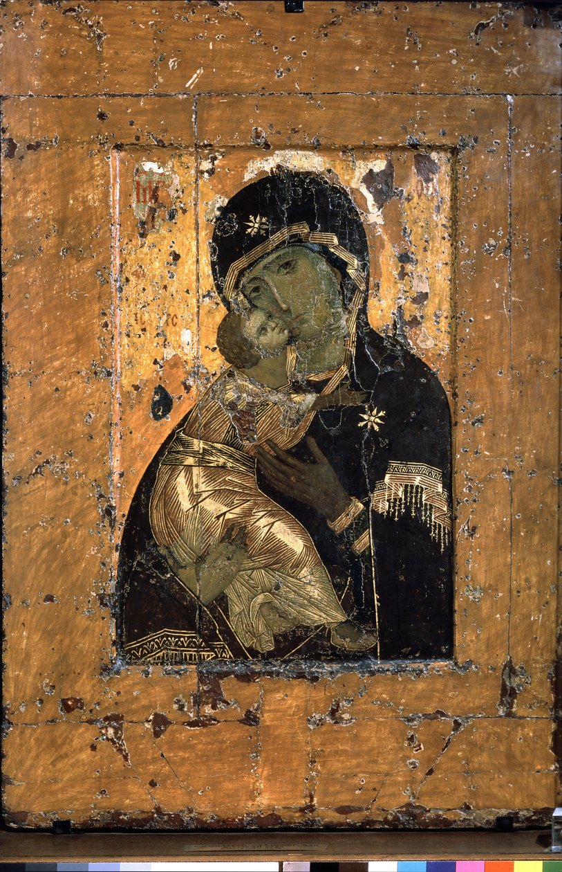 Jungfrun av Vladimir (Jungfrun av Vladimir). Traditionell representation av ömhetens jungfru och barnet Jesus som myser mot sin mors ansikte. Rysslands mest vördade ortodoxa ikon, många gånger kopierad. Bysantinsk ikon, tempera av School Russian