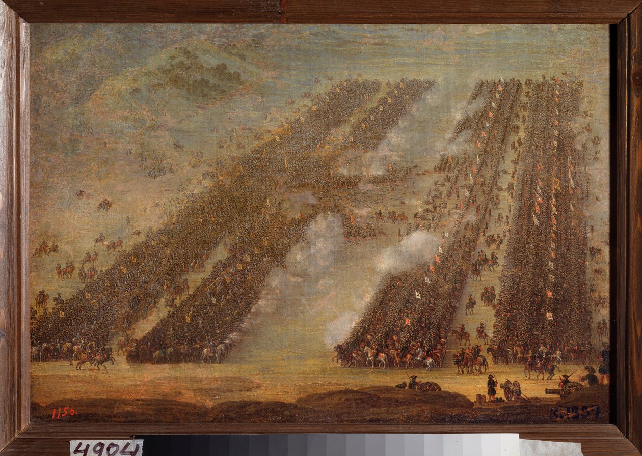 Slaget vid Poltava (Pultawa) den 8 juli 1709. (Rader av kavalleri drabbar samman under det stora norra kriget (1700-1721), Peter I av Rysslands armé (1672-1725) mot Karl (Karl) XII:s trupper av Sverige (1682-1718) Målning av en av School Russian