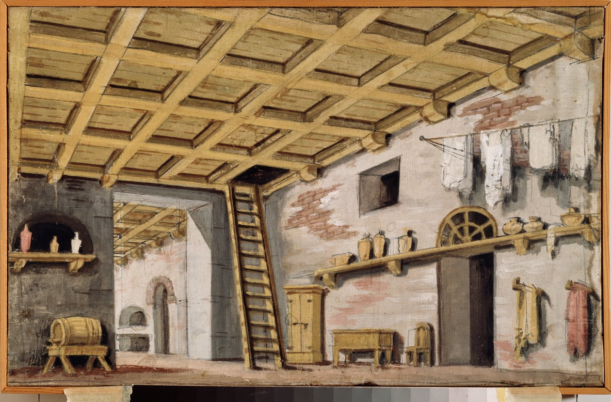 Köket. Förberedande dekor för en pjäs. Verk av en rysk mästare, cirka 1790, tempera på duk. Rysk scenografisk konst från 1700-talet. Museum Palace Ostankino, Moskva. av School Russian