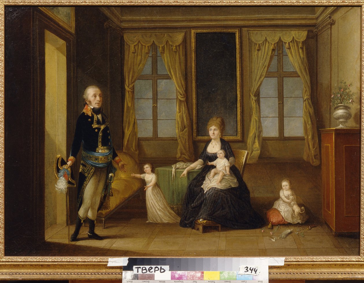 Familjen Chernishoff. (Familjen Chernyshov). Beskrivning av familjelivet, pappan går in i rummet där hans fru och barn är, en av dem reser sig med öppna armar för att välkomna honom, den andra sitter på en kudde med sina utspridda leksaker av School Russian