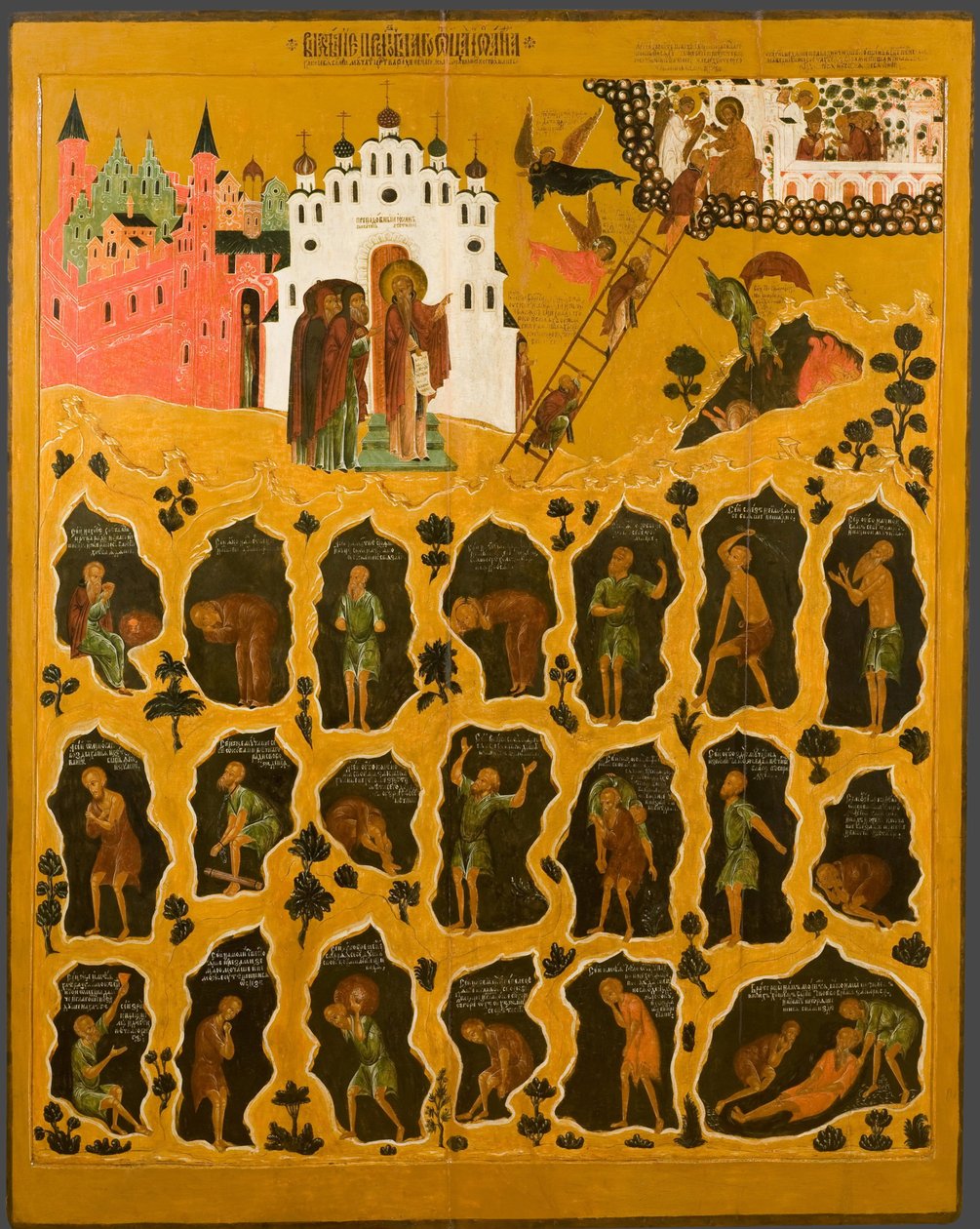 ""The vision of Saint John Climacus"" Längst upp till höger representeras den heliga stegen för Saint John the Sinaiticus - Den representerar munkarna som når toppen av stegen och de som faller i helvetet - rysk ikon från början av 1500-talet S av School Russian