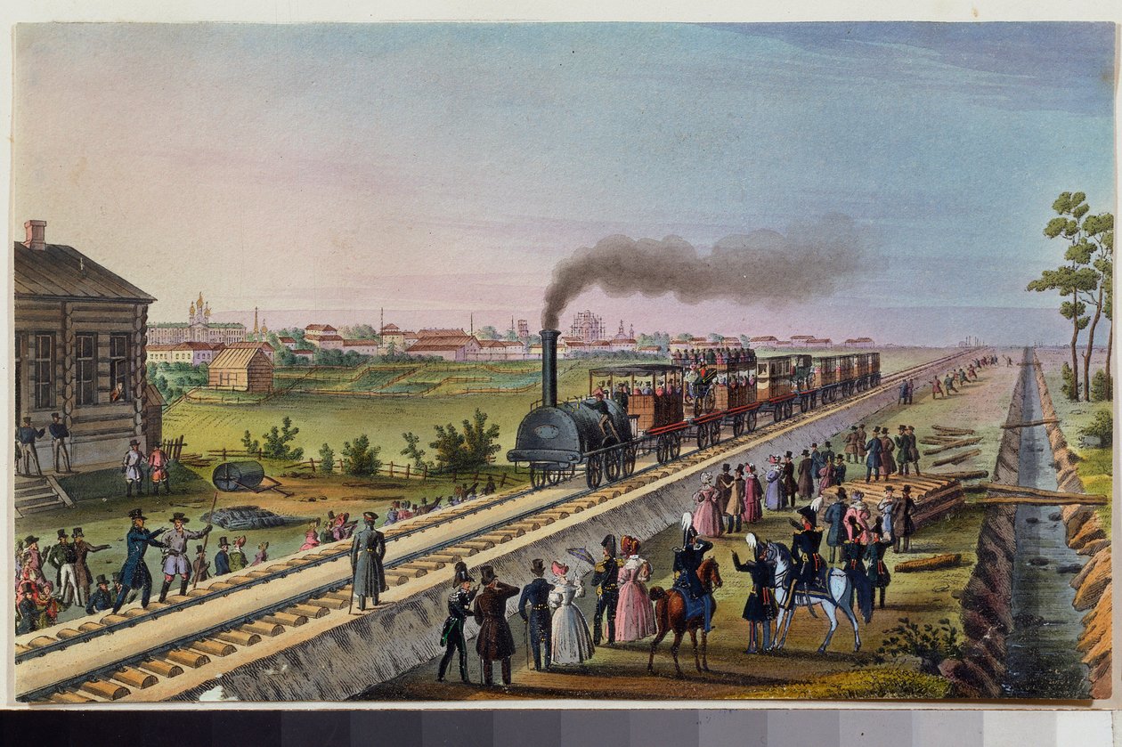 Ankomsten av det första tåget från Sankt Petersburg till Tsarskoye Selo, 30 oktober 1837. Verk av en rysk mästare, akvarell på papper av School Russian