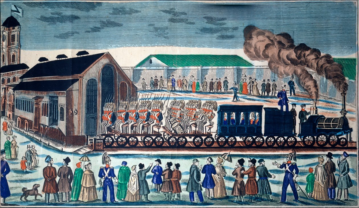 Avgång från Moskvas järnvägsterminal till Sankt Petersburg. (Militära trupper transporterade i ett ångtåg). Verk av en rysk mästare, akvarell och tusch på papper av School Russian