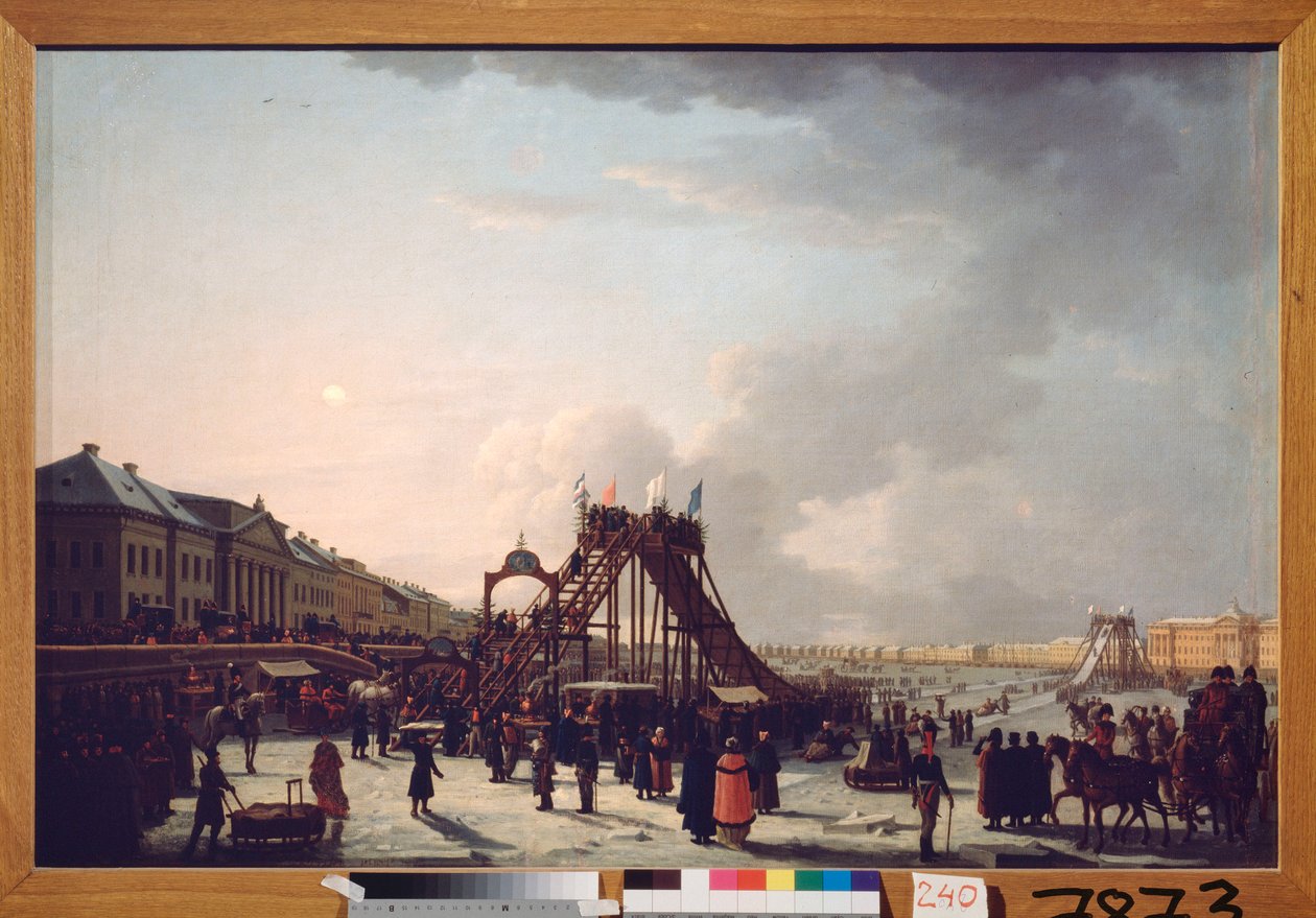 Den stora åtta (berg-och-dalbanan) på Neva i Sankt Petersburg. (Efemär rutschkana för vintersäsongen). Målning av en rysk mästare, olja på duk av School Russian
