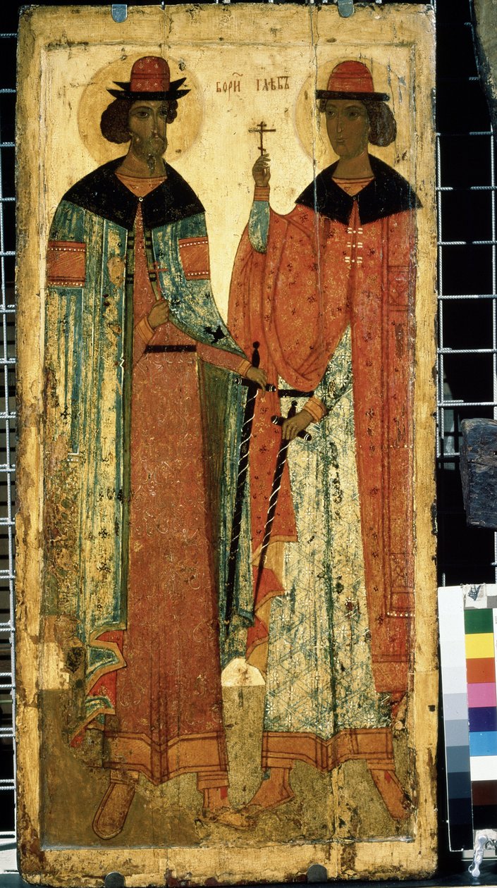 ""De heliga Boris och Gleb, söner till Vladimir I av Kiev"" Rysk ikon. Målning på trä omkring 1450. Statens Tretjakovgalleri, Moskva av School Russian