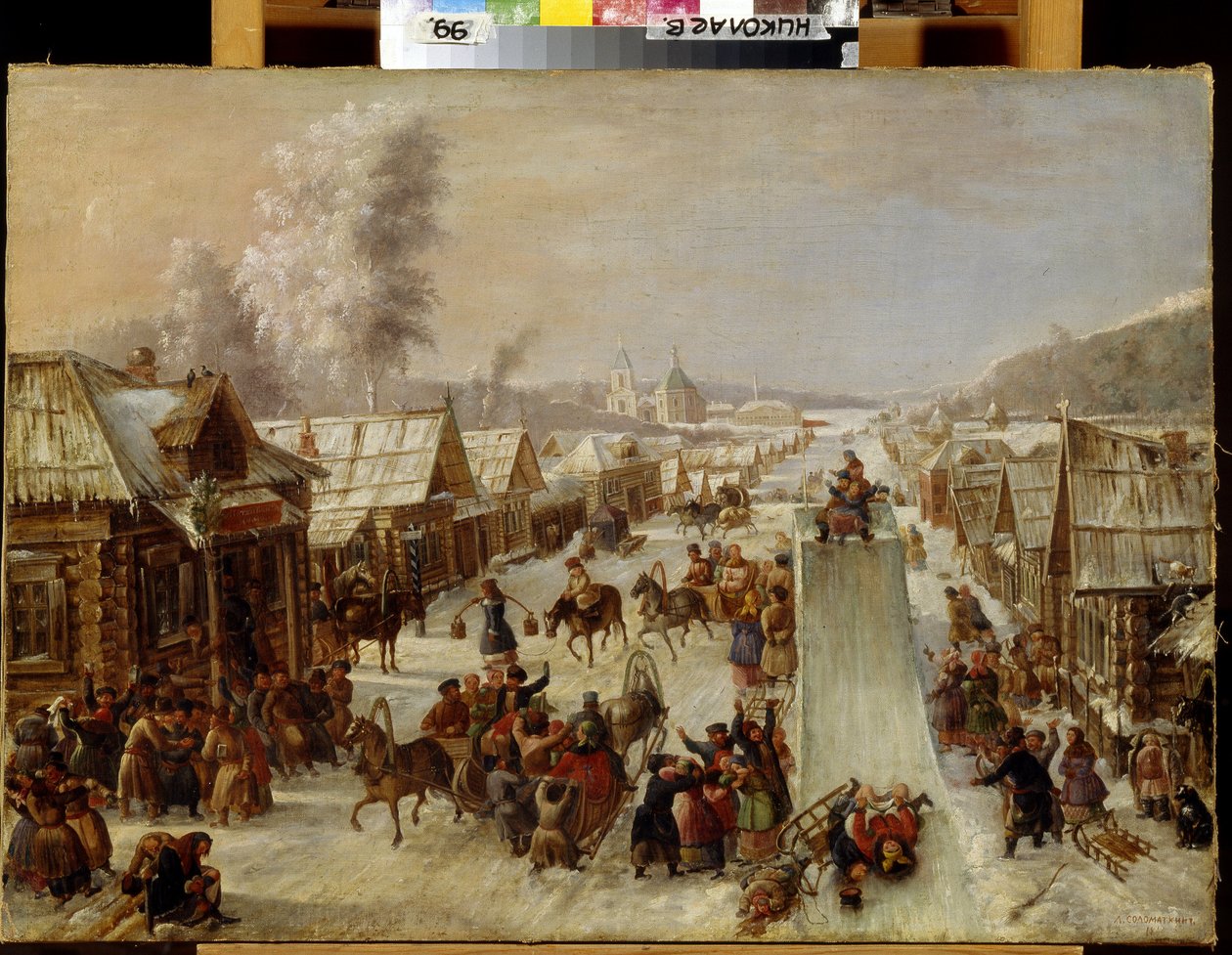 Mardi Gras (fastelavn). Scen med traditionella festligheter och populära glädjeämnen på en snötäckt gata i en liten stad med trähus. En kälkbacke har anlagts och invånarna dricker och hälsar glatt på varandra. anonym målning, av School Russian