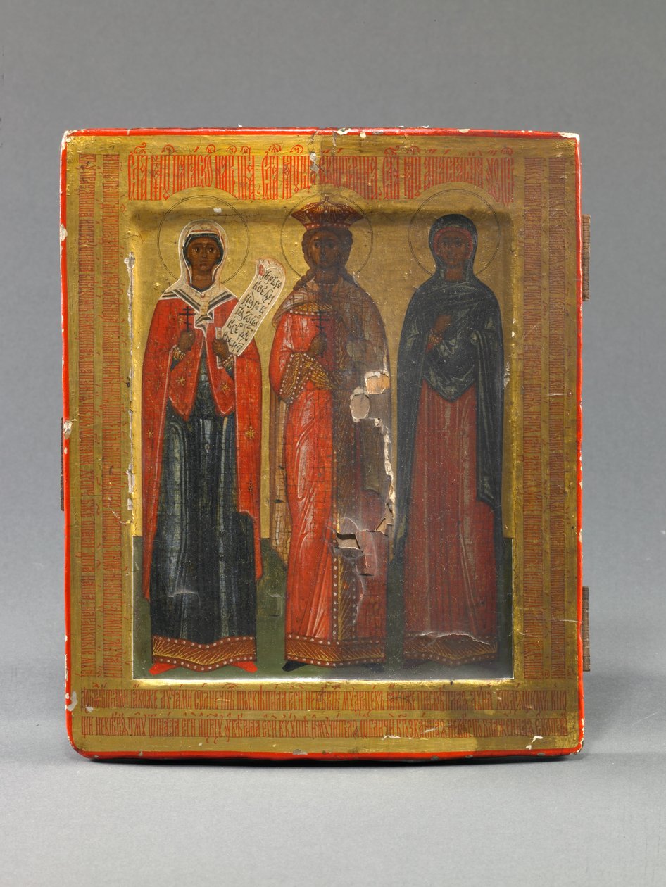 Menologion-ikon med S:ta Paraskeve, Katarina och Anastasia, sent 1600-tal (tempera på trä) av School Russian