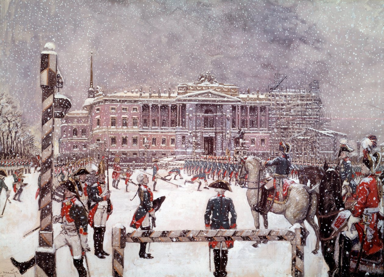 Militärparad framför Mikhailovsk-palatset i närvaro av Paul I (1754-1801), rysk kejsare. rysk skola av School Russian