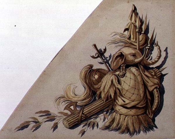 Neo-Classical Trophys of Arms: Indien, ca 1825 (akvarell på papper) av School Russian