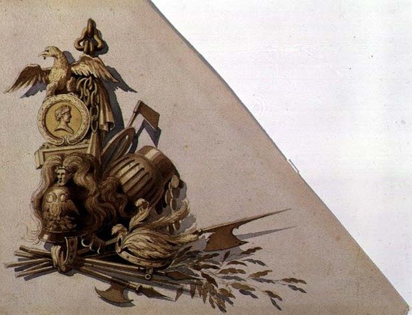 Neo-Classical Trophys of Arms, Ryssland, ca 1825 (akvarell på papper) av School Russian