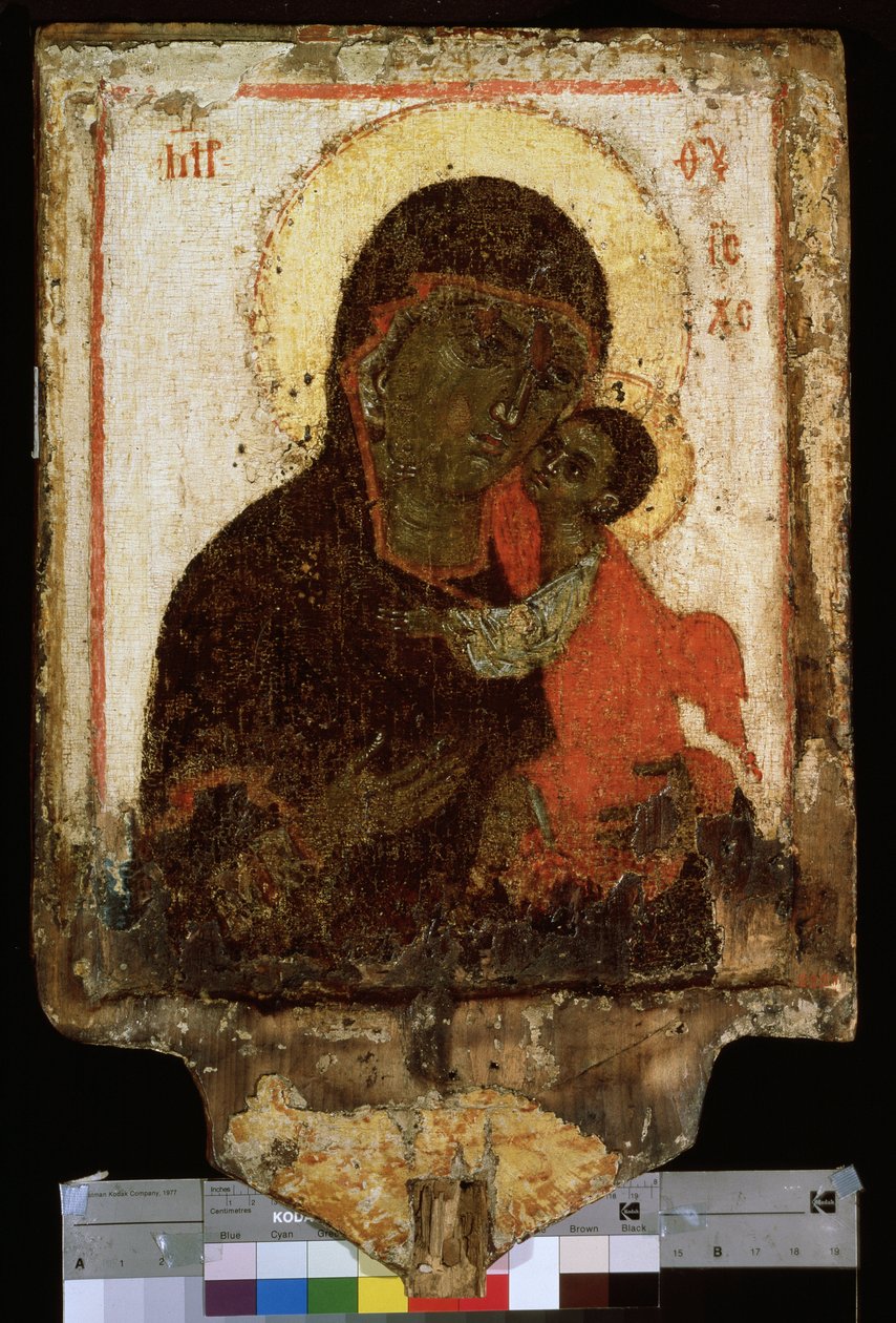 ""Our Lady (Our Lady) of Tenderness"" eller ""Jungfru Eleusa (Eleousa)"" rysk ikon. Målning på trä från slutet av 1300-talets början av 1400-talet. Statens ryska museum i Sankt Petersburg av School Russian