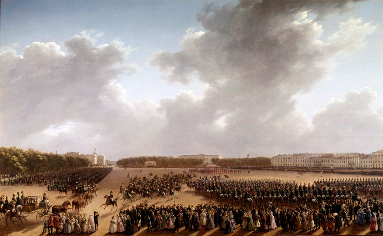 Parad på Champs de Mars, i förgrunden Alexander Pushkin (Pushkin) (1799-1837) och Nicolas I (1796-1855) på en häst som går fram till imperatrisen i en vagn i Paris Målning av den ryska skolan. 1825-1830. Sankt Petersburg, Museum of av School Russian