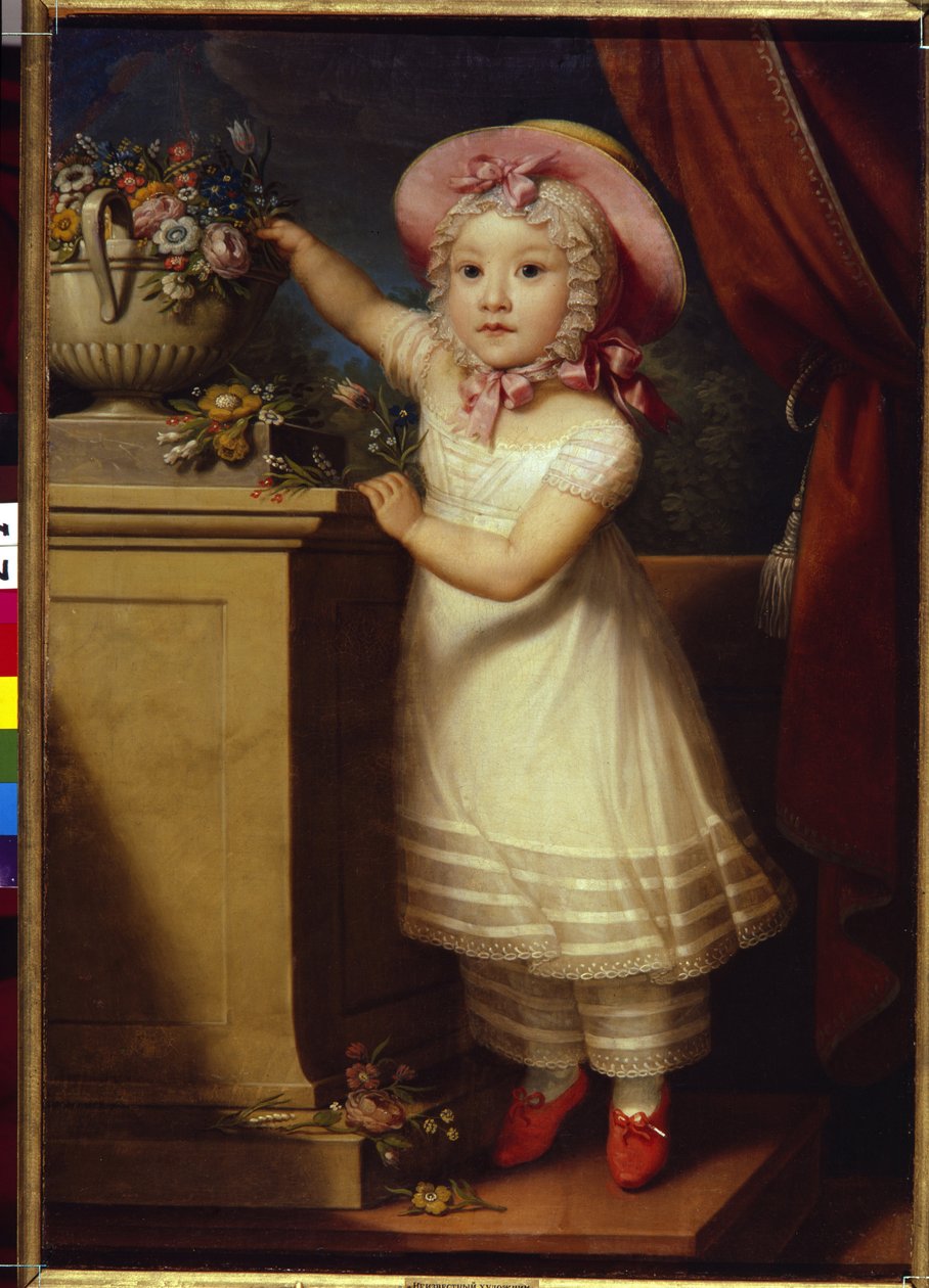 Porträtt av Ekaterina Dmitrievna Obreskova (1822-1874). (Porträtt av Ekaterina Dmitrievna Obreskova). En liten flicka, elegant och dyrbar, står på tå för att plocka upp några blommor från en bukett. Anonym målning, olja på duk, v av School Russian