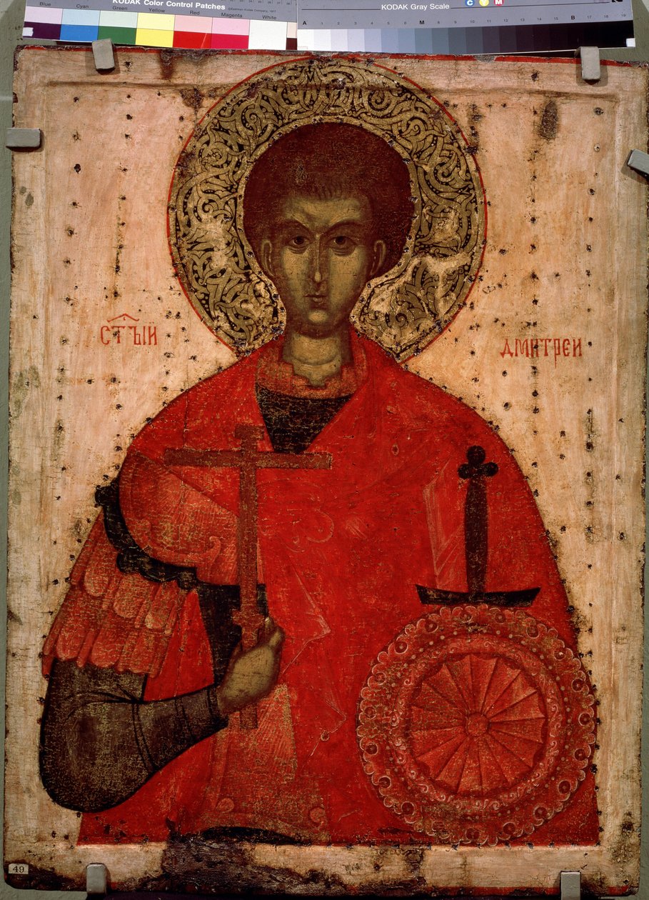 Porträtt av Sankt Demetrios av Thessalonika, kristen martyr från 300-talet. Rysk ikon från 1400-talet. Tempera på trä. Sankt Petersburg, Ryska statens museum av School Russian