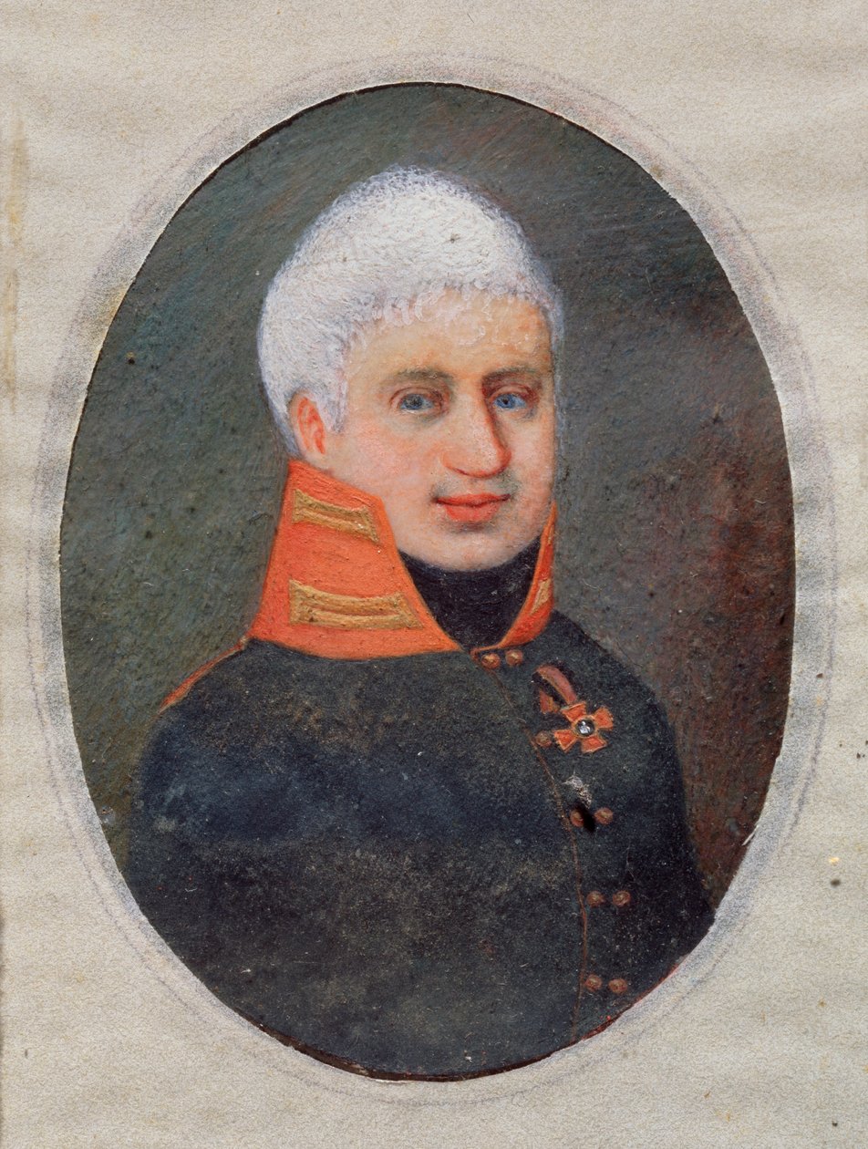 Porträtt av poeten Anton A. Delvig (Delwig) (1798-1831). (i militäruniform). Verk av en rysk mästare, akvarell och gouache på horn, cirka 1800. Rysk konst från 1800-talet. Statens konstmuseum, Tula (Ryssland). av School Russian