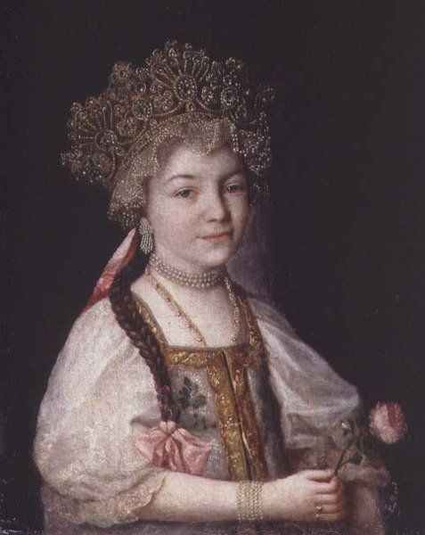 Porträtt av Alexandra Pavlovna i rysk nationaldräkt, ca 1790 (olja på duk) av School Russian