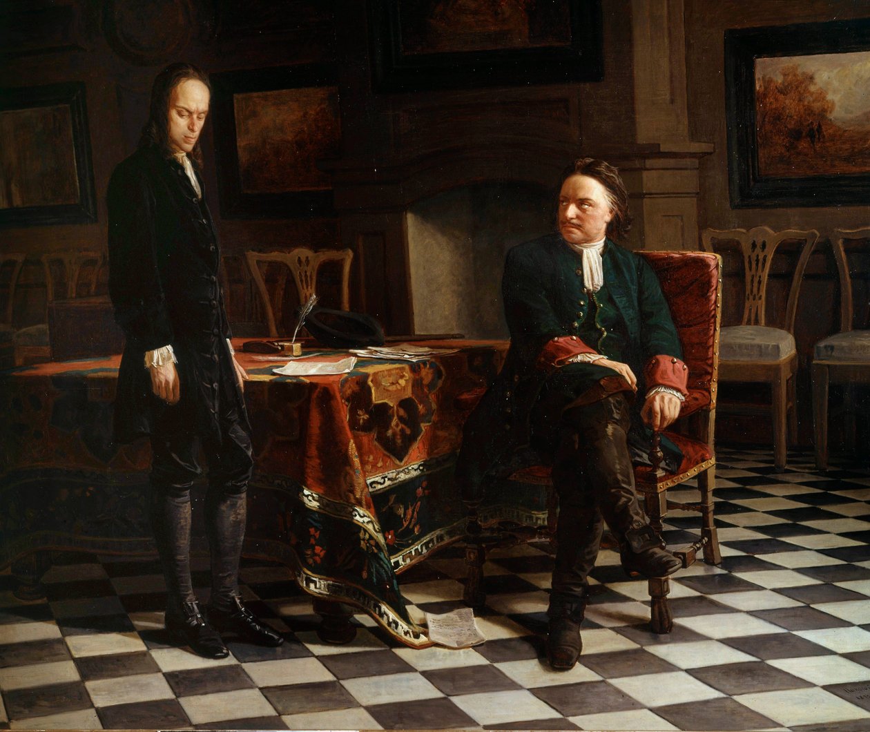 Porträtt av Peter I den store (1672-1725), rysk tsar och hans son Alexis (1690-1718) Målning av den ryska skolan av School Russian