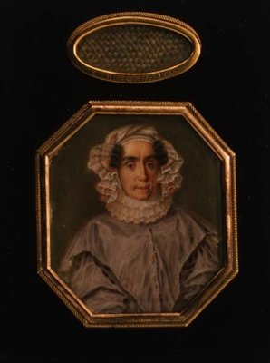 Porträtt av Praskovya Mikhailovna Tolstaya (1777-1844), med ett gallerlock av hennes hår, ca 1844 (akvarell och gouache) av School Russian