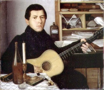 Porträtt av en ung man med gitarr, ca 1830 (olja på duk) av School Russian