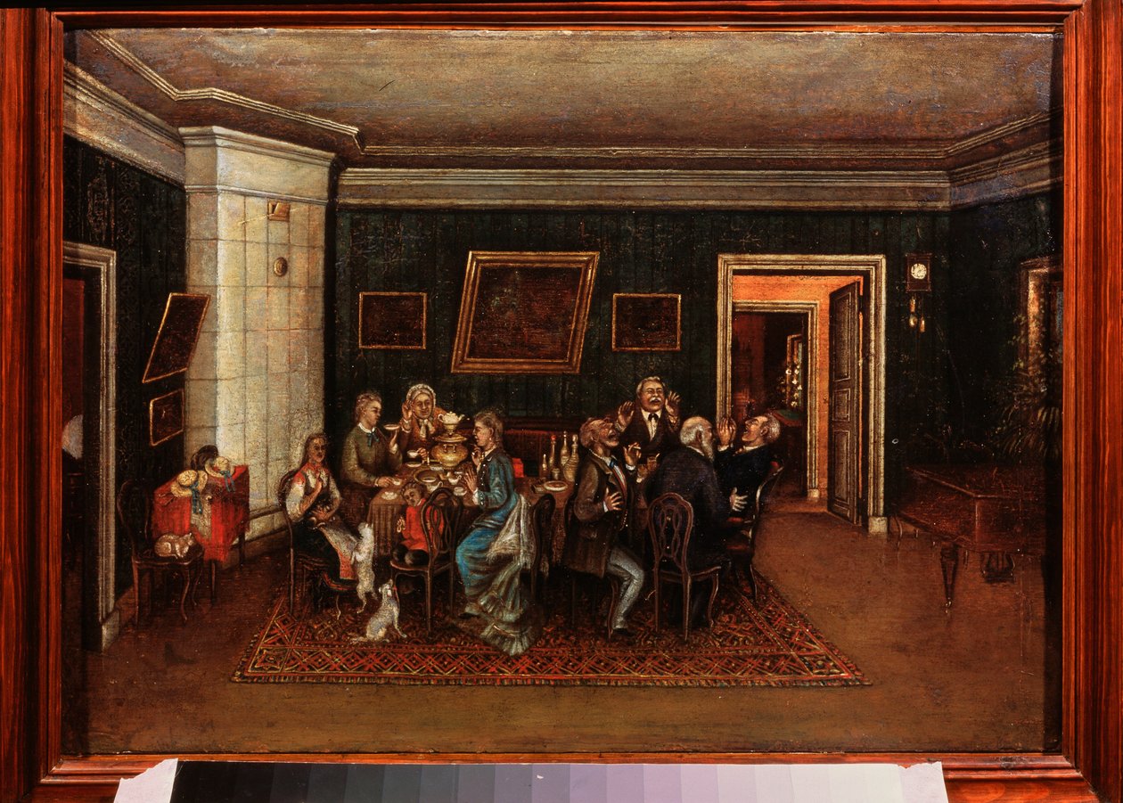 Kvällsmottagning. (Scen i det dagliga livet, familj och vänner är samlade runt middagsbordet). Målning av en rysk mästare, olja på duk, mitten av 1800-talet. Statens centrala litterära museum, Moskva. av School Russian