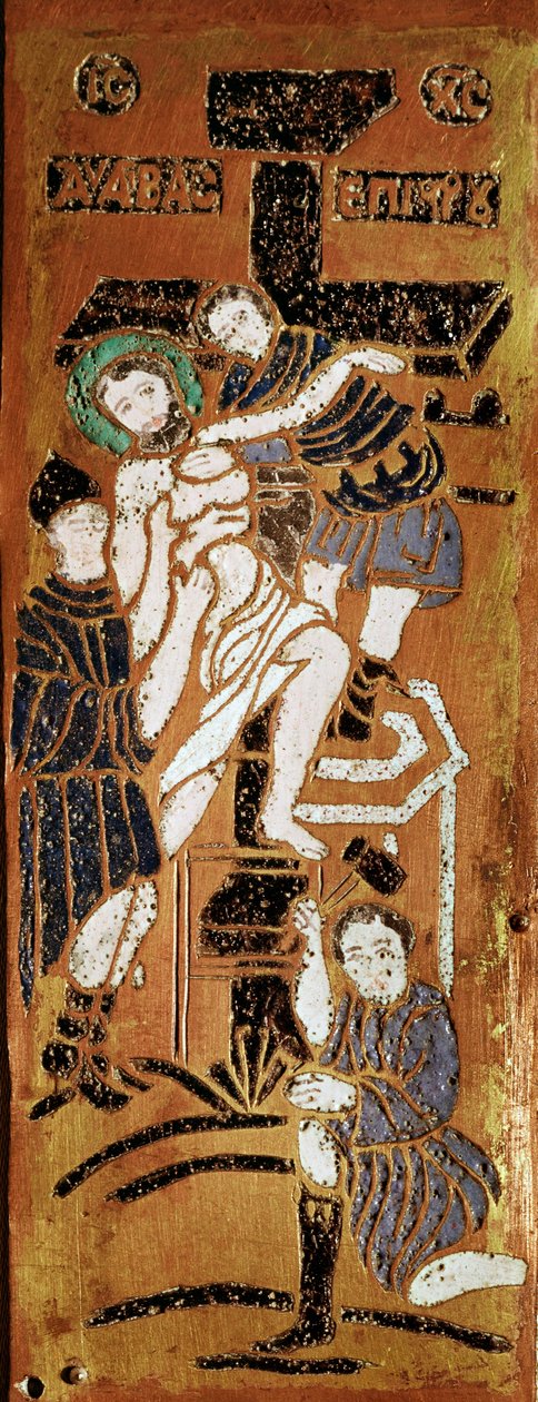Rysk konst, korsfästelsen, emalj från 1500-talets Madrid, Museo Lazaro Galdiano av School Russian