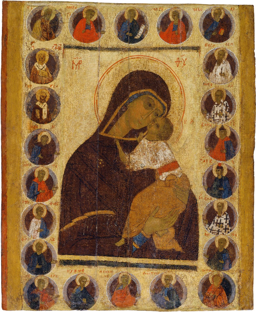 Rysk ikon: Vår Fru av ömhet med utvalda heliga. Tempera på panel, andra hälften av 1400-talet, Museum of History and Art, Suzdal av School Russian