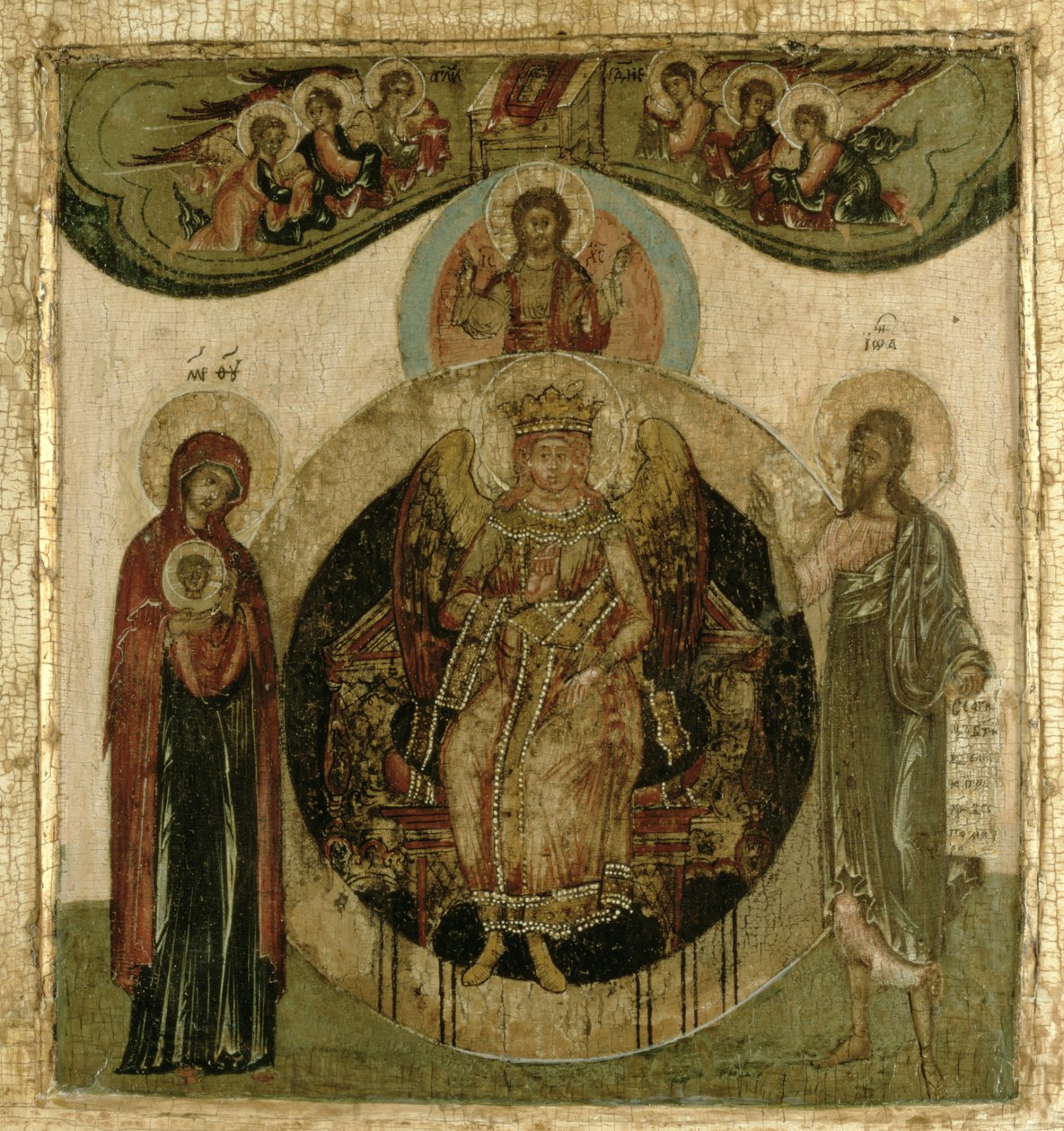 Rysk ikon av Sophia, den heliga visdomen, tronande i form av en eldigt bevingad ängel (panel) av School Russian