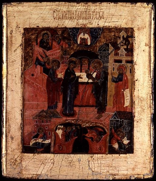 Rysk ikon för presentationen av Kristus i templet, sent 1600-tal (tempera på panel) av School Russian